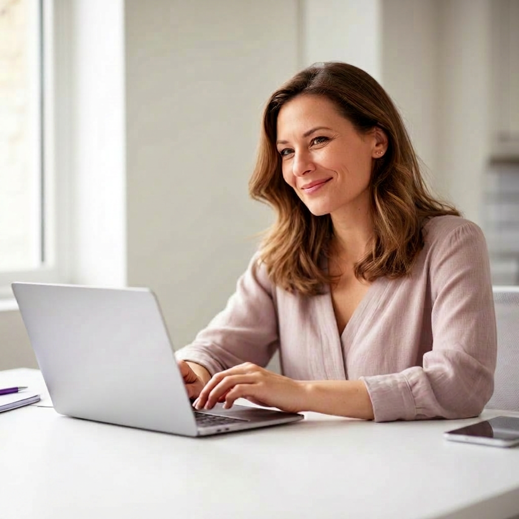 Relaxed professional working on her laptop, confidently meeting regulations and customer requests with EasyLCA