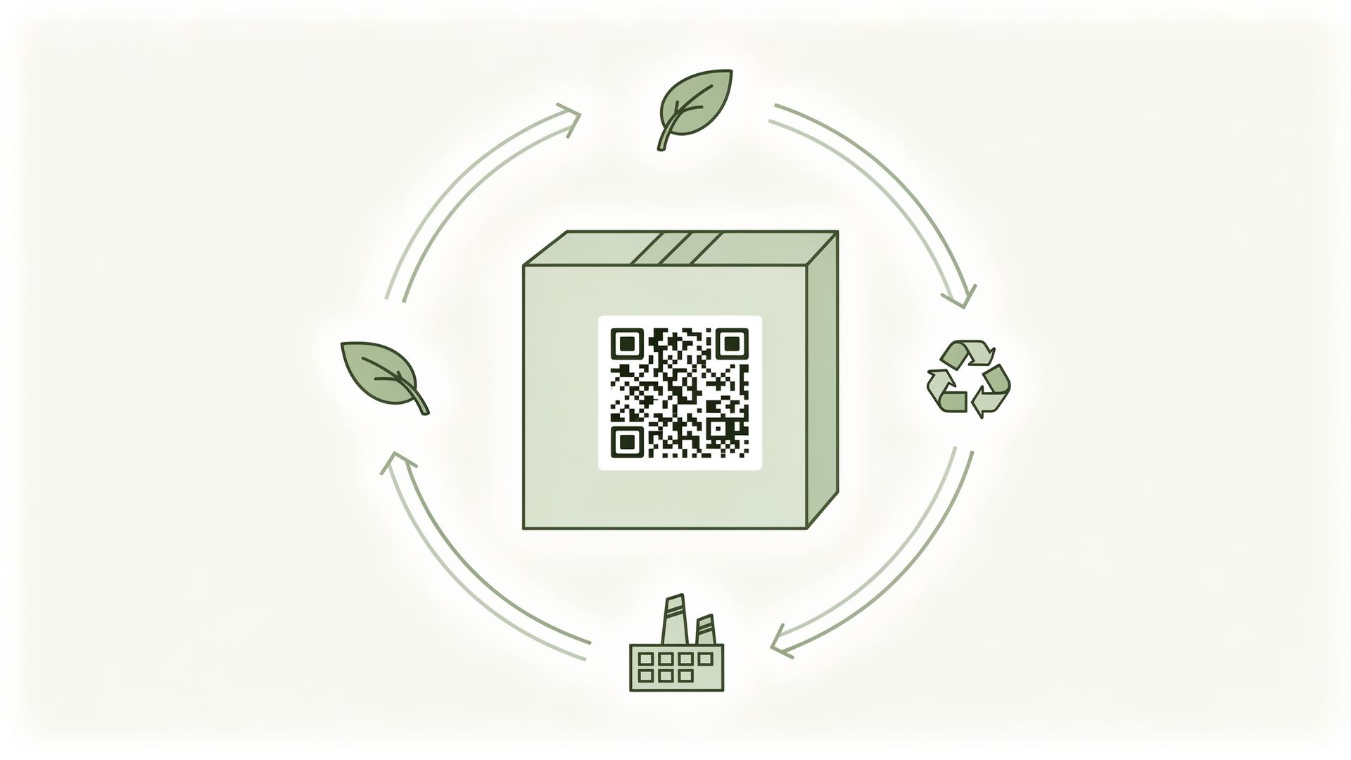 Illustration of a smartphone scanning a product's digital passport QR code with connected sustainability and supply chain icons