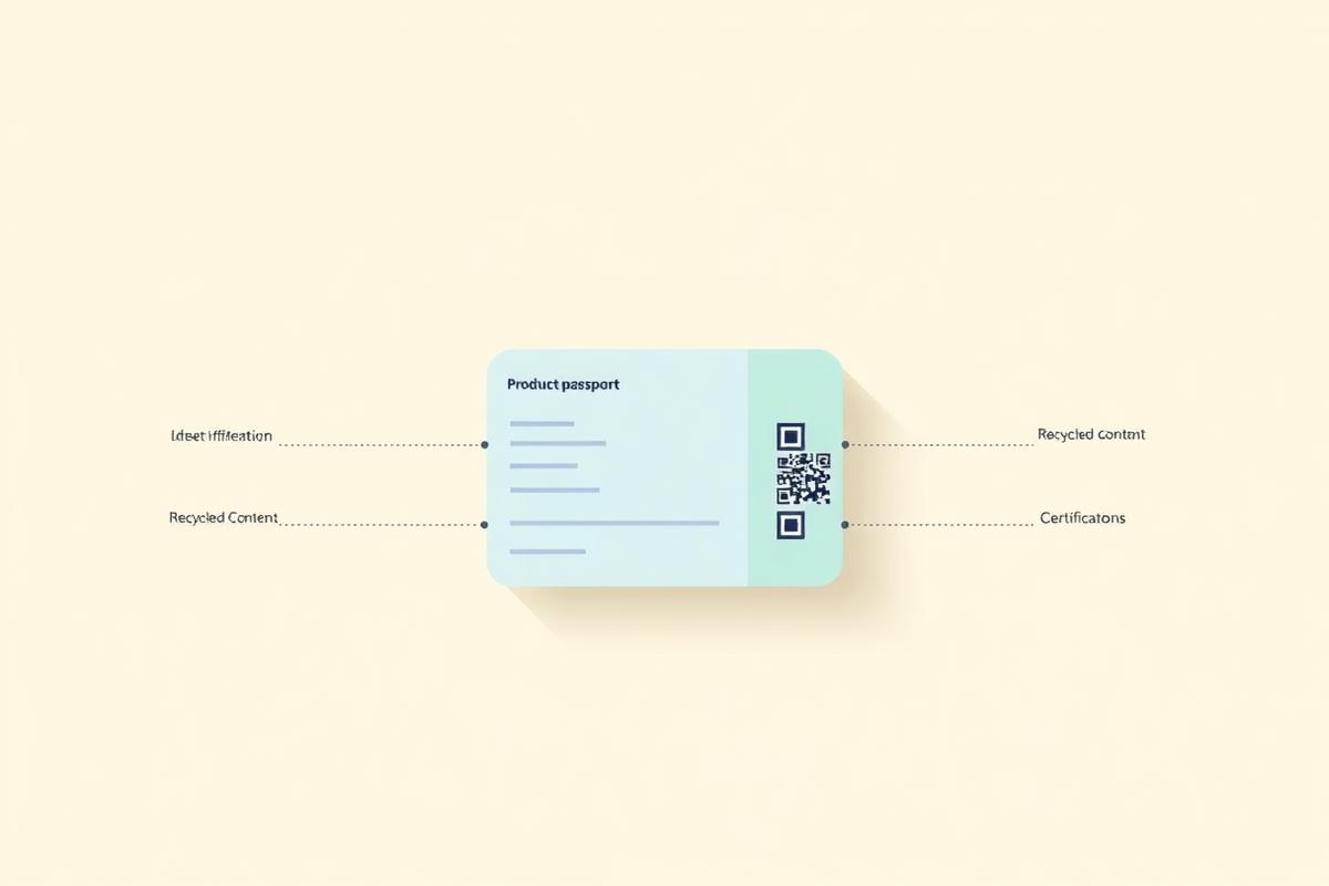 Illustration of a digital product passport: a product card with a QR code data carrier linked to structured data fields for identifiers, materials, recycled content and documentation