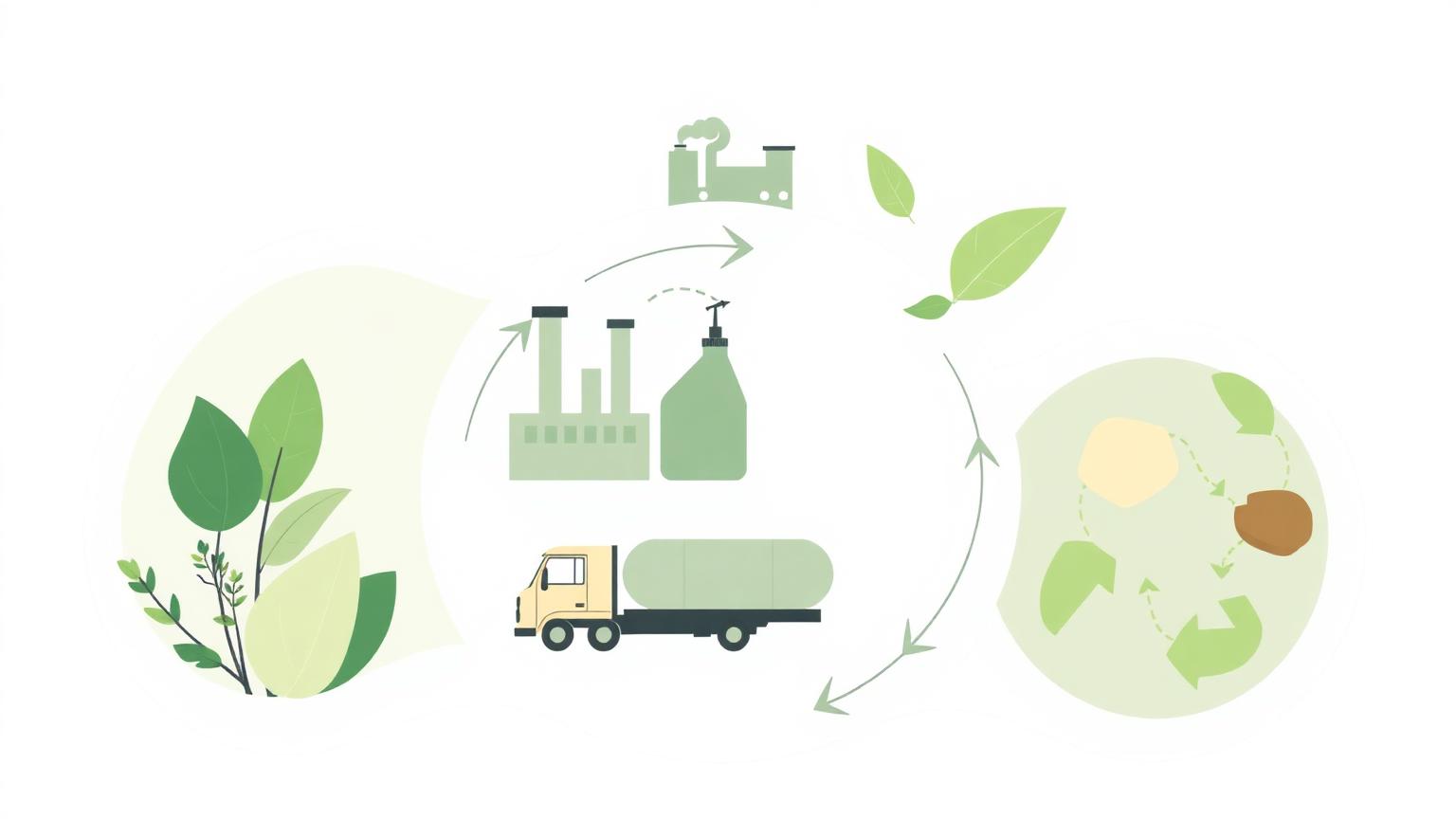 Illustration of a product life cycle: raw materials, manufacturing, transportation, use, and recycling