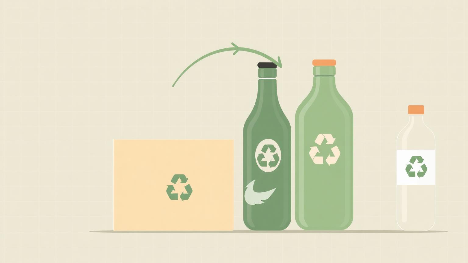Illustration of recyclable packaging — cardboard boxes and bottles with recycling symbols in a circular flow