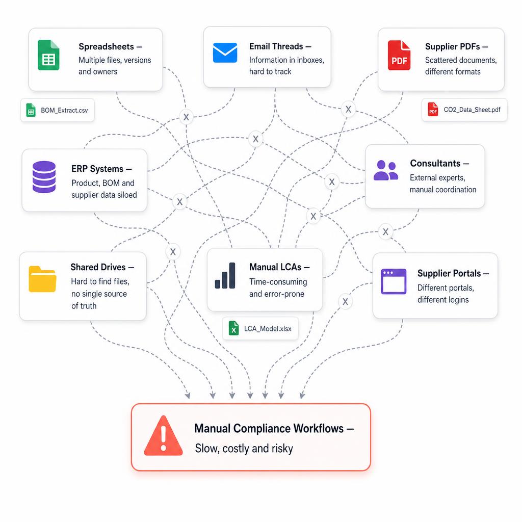 Illustration of fragmented manual compliance workflows: scattered spreadsheets, emails, PDFs, ERP screens, consultants and supplier portals piled on a desk
